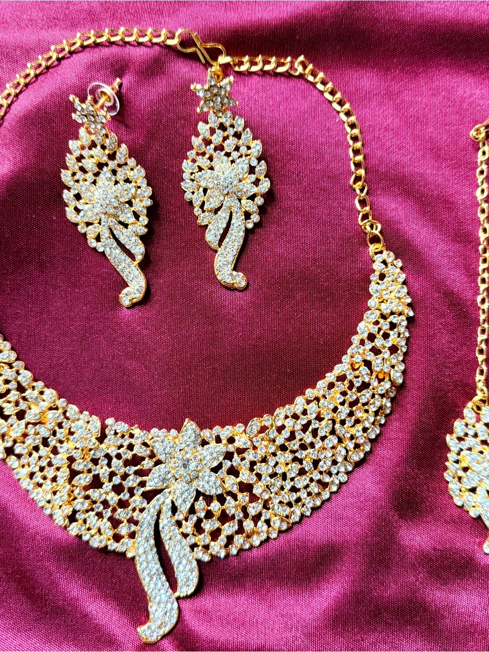 Gold and White Crystal Floral Necklace Set - Women Jewelry